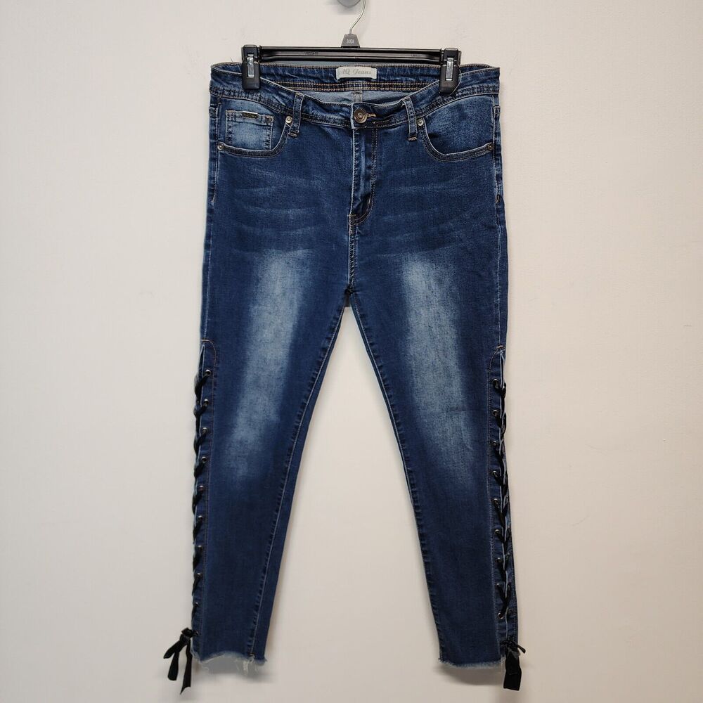 Vintage Y2K Womens Lace Up Skinny Jeans Size 15/16 30x26" Raw Hem Stretchy AQ